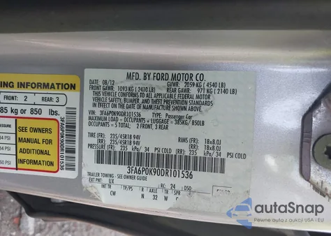 2013 Ford Fusion Titanium z USA, uszkodzony, nr VIN 3FA6P0K90DR101536